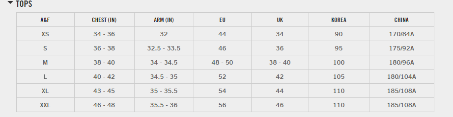 Size chart Top men