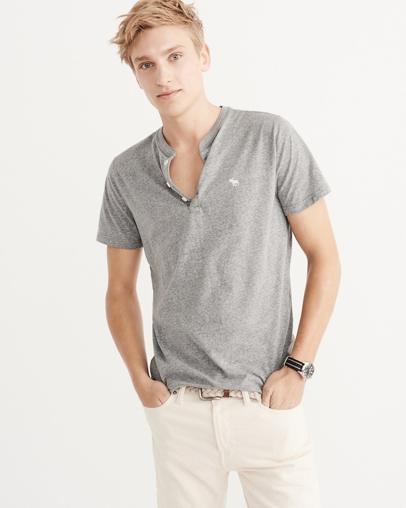 Hình Áo thun nam Abercrombie & Fitch cổ trụ AF-H18 Iconic Jersey Henley Heather Grey