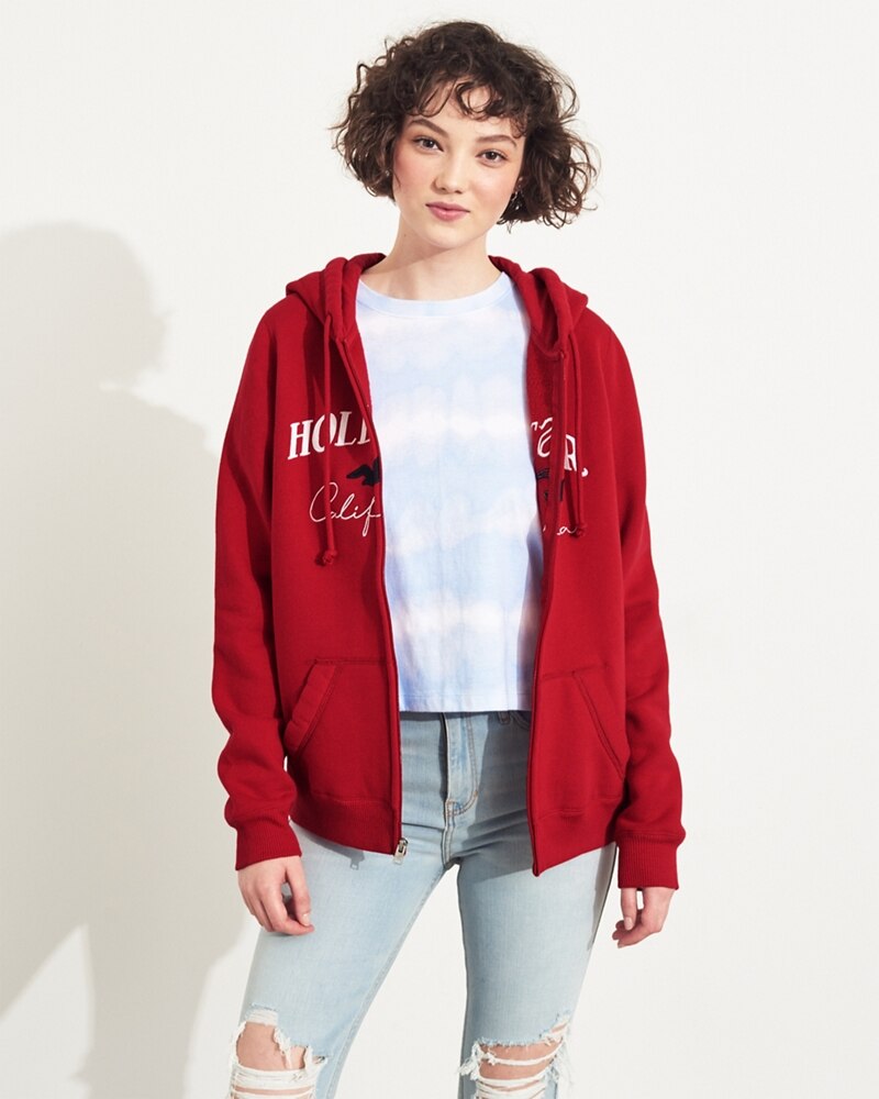 Hình Áo khoác nữ Hollister HCO-NK13 Embroidered Logo Full-Zip Hoodie Red