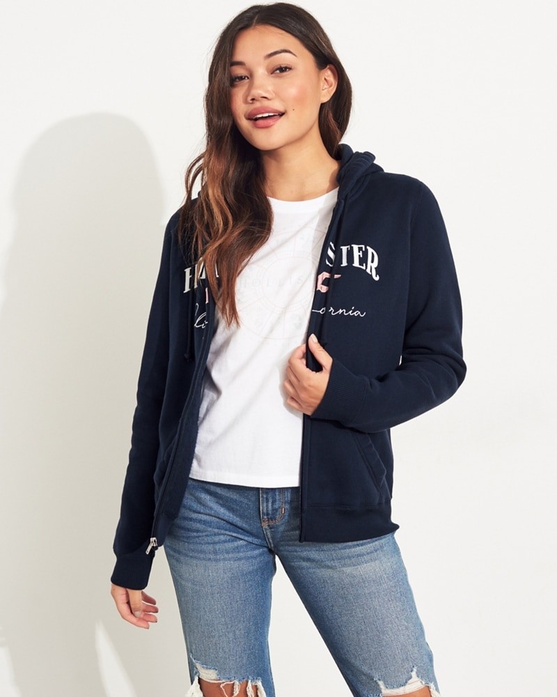 Hình Áo khoác nữ Hollister HCO-NK14 Embroidered Logo Full-Zip Hoodie Navy
