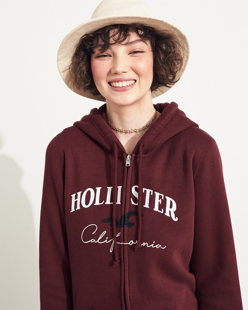 Hình Áo khoác nữ Hollister HCO-NK15 Embroidered Logo Full-Zip Hoodie Burgundy