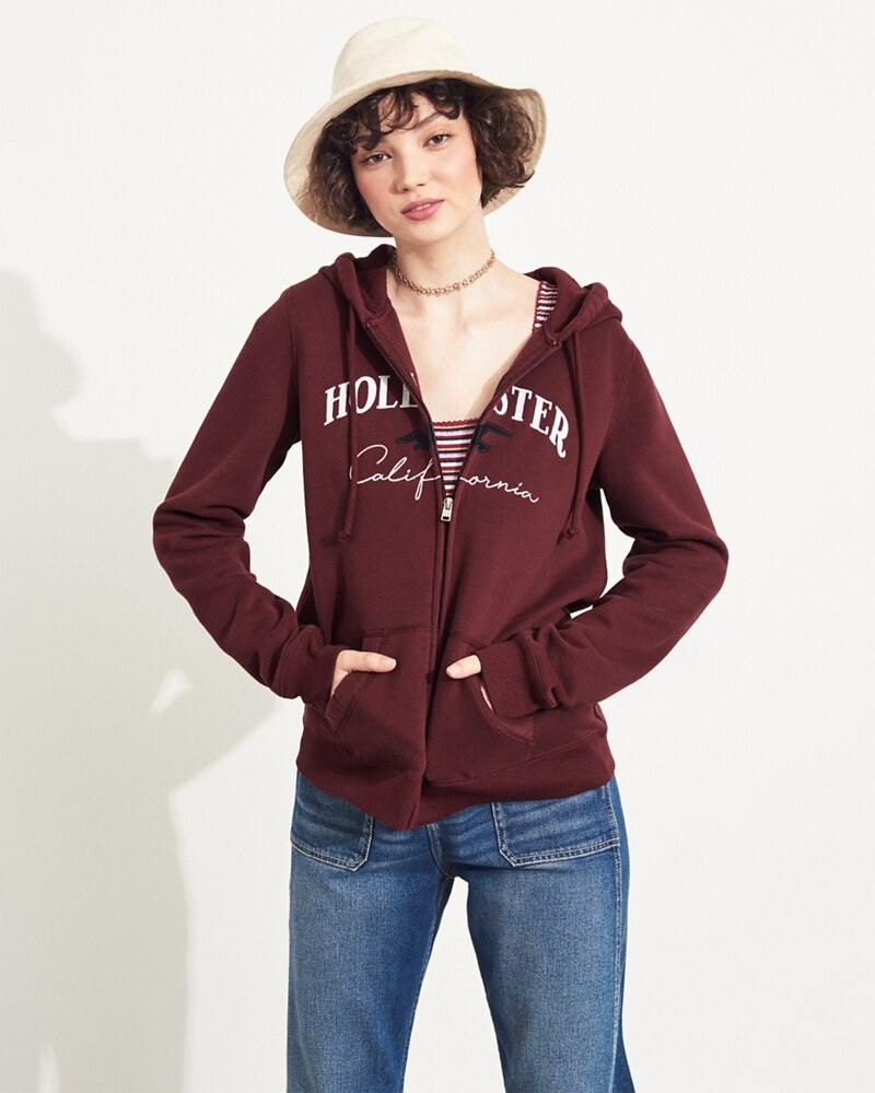 Hình Áo khoác nữ Hollister HCO-NK15 Embroidered Logo Full-Zip Hoodie Burgundy