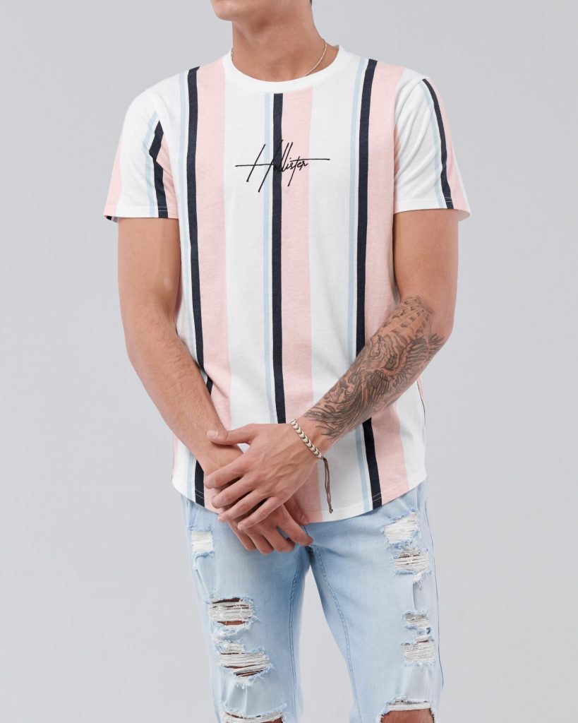 Áo thun nam Hollister HCO-T218 Striped Pink Curved Hem T-Shirt